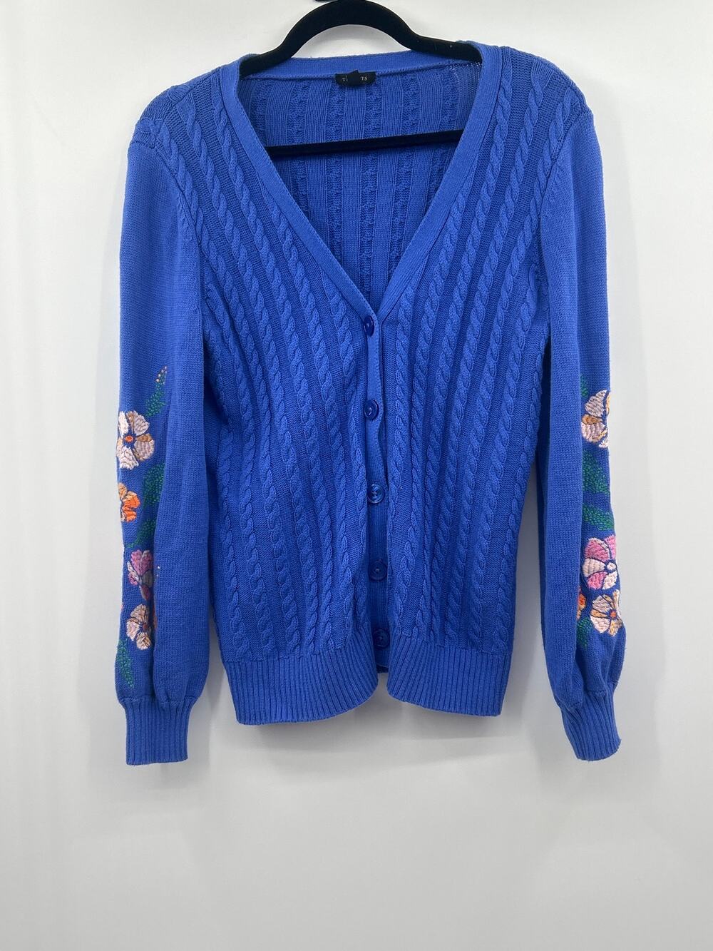 Talbots Blue Cable Knit Floral Embroidered Cotton Cardigan Sweater Size Small